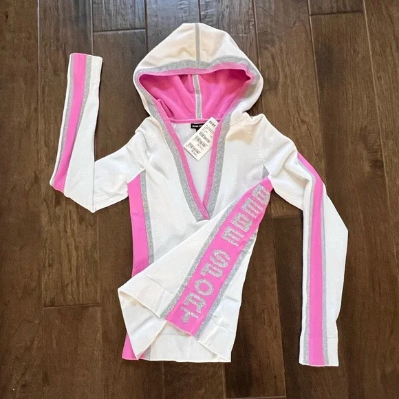 Bebe SPORT NWT White Pink Silver V-Neck Hoodie Long Sleeve Stretch Top Sz S - Picture 12 of 17